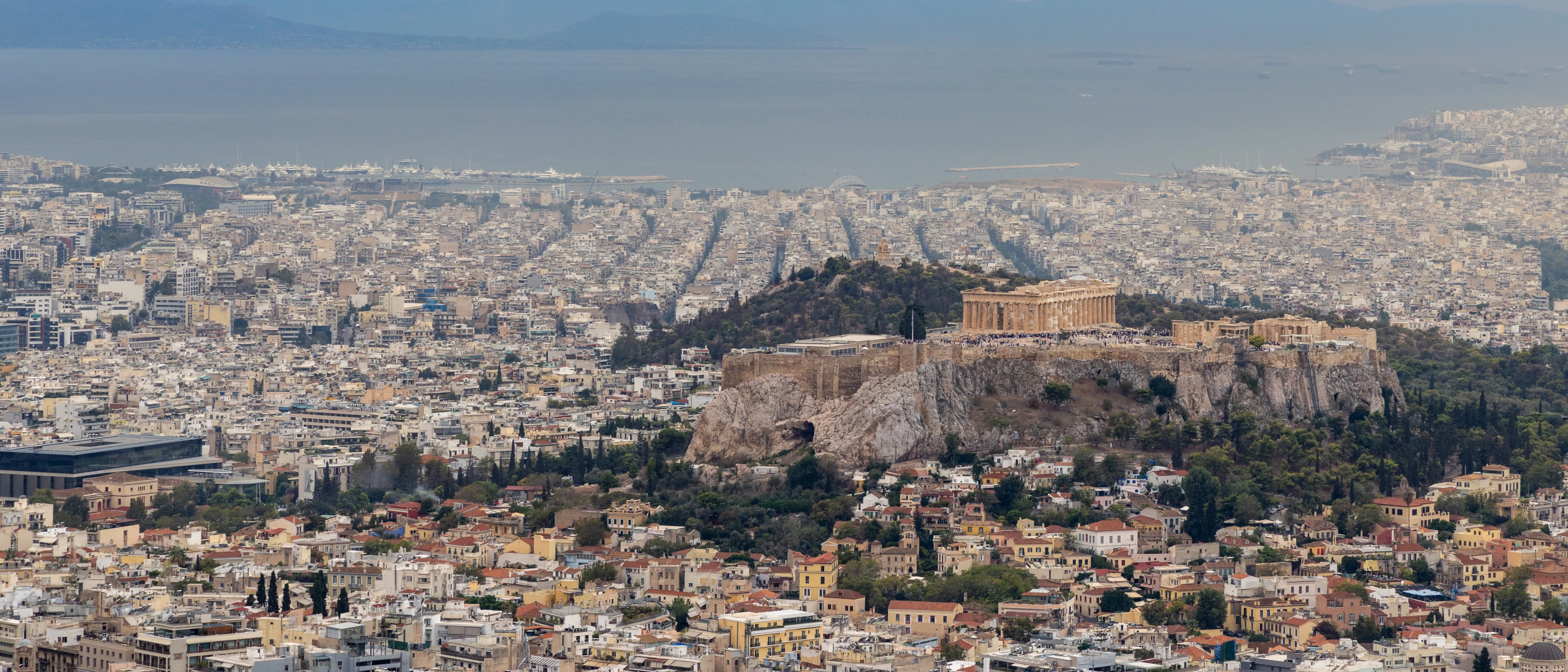 A panaroma of Athens from Lycabettus Hill, featuring the Acropolis of Athens.