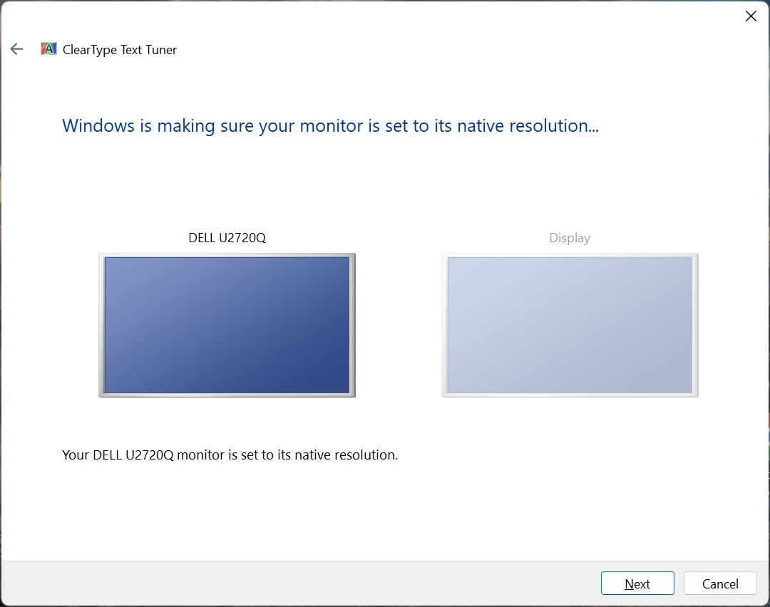 A screenshot of the initial step of the ClearType Text Tuner, saying the monitor is set to its native resolution.