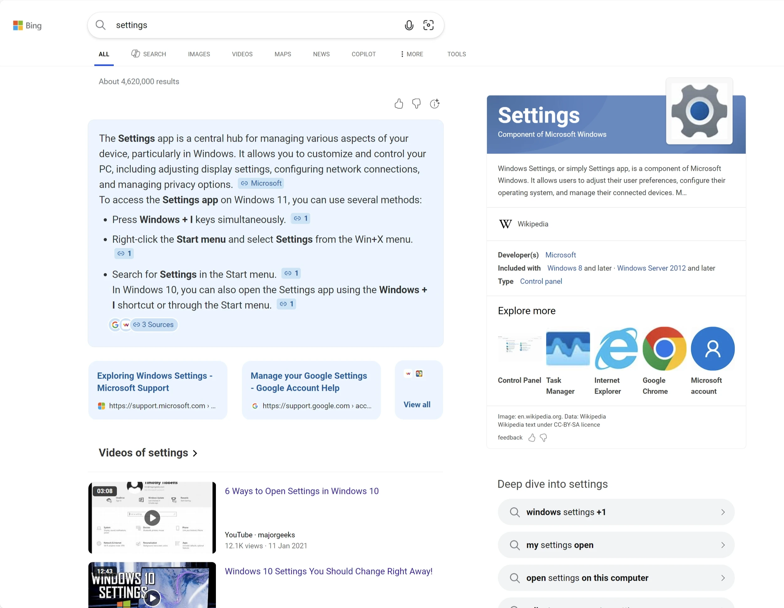 A screenshot of the Bing search results for Settings, including a block of text describing the Settings app.