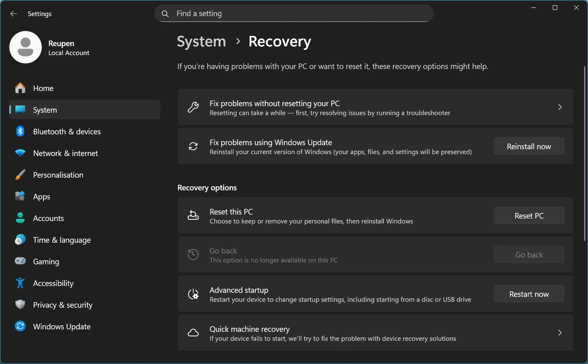 A screenshot of the Recovery page in the Settings app.