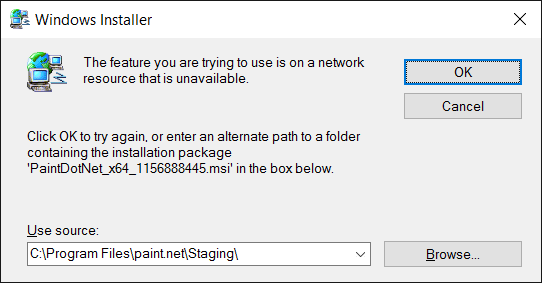 Windows Installer cannot find PaintDotNet_x64_1156888445.msi