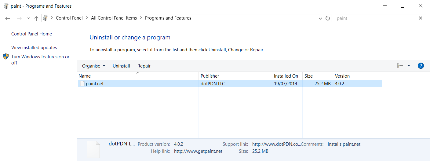 Programs and Features shows paint.net 4.0.2 as being installed