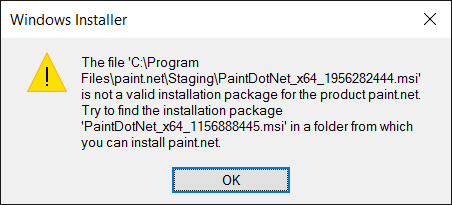 Not a valid installation package for paint.net