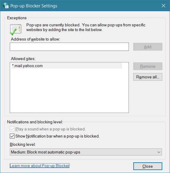 Internet Explorer Pop-up Blocker Settings