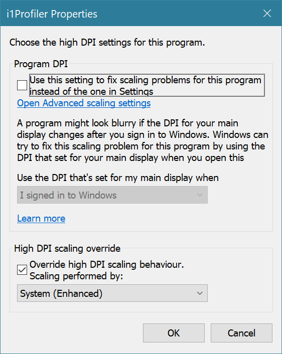 The Windows high-DPI compatibility settings dialogue box for i1Profiler.