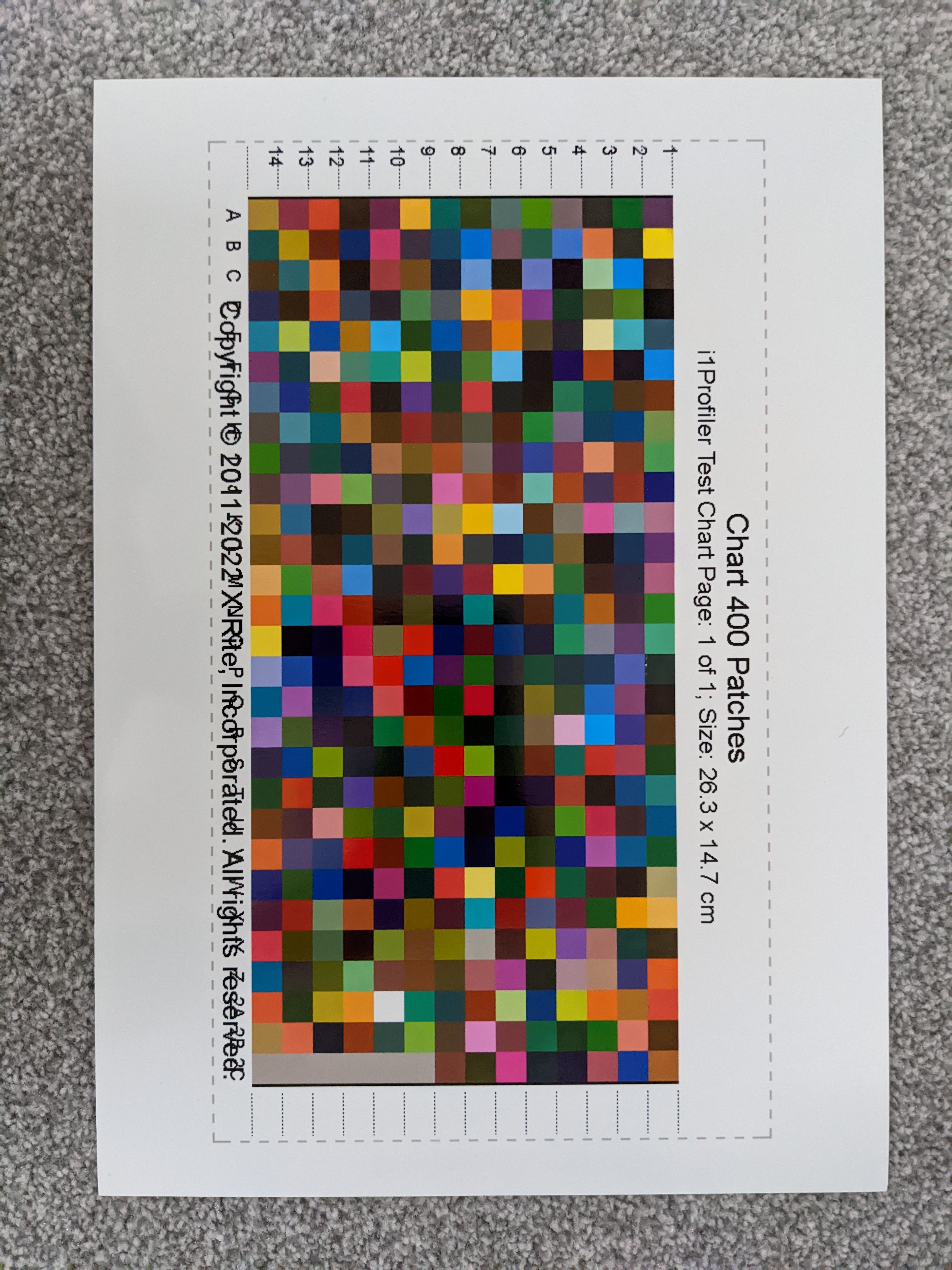 An A4 colour chart printed by i1Profiler with incorrectly scaled text