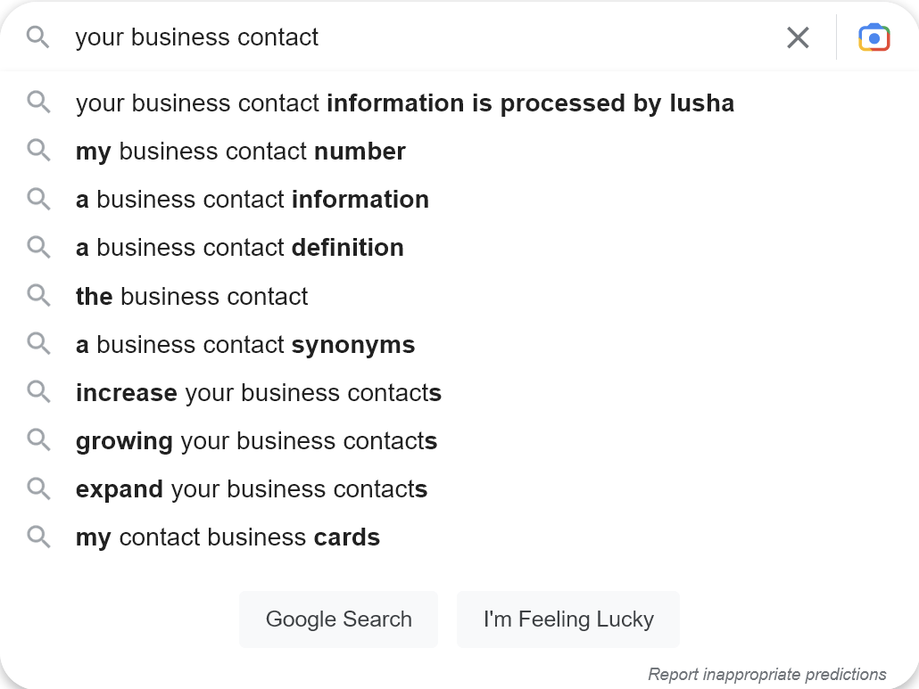 Google search suggestions for ‘your business contact’, with the first suggestion being ‘your business contact information is processed by lusha’.