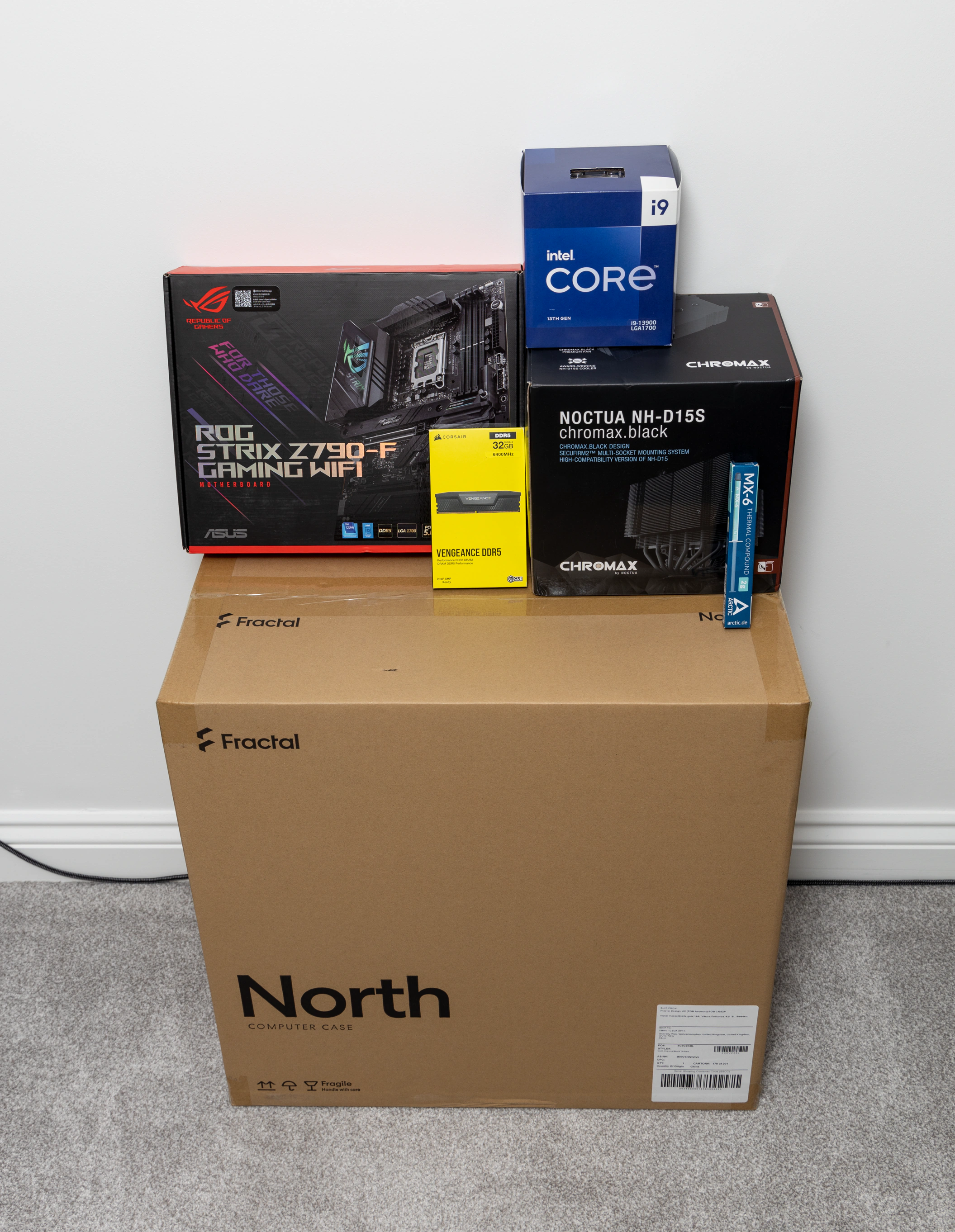 All the new computer parts sealed in their boxes.