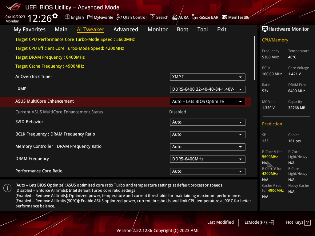 A screenshot of the Ai Tweaker page in BIOS setup.