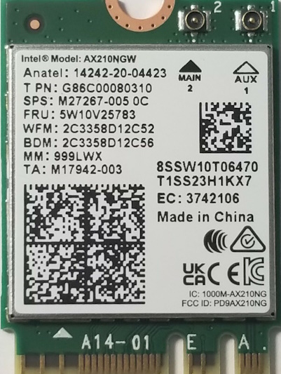 A picture of an Intel AX210 M.2 card.