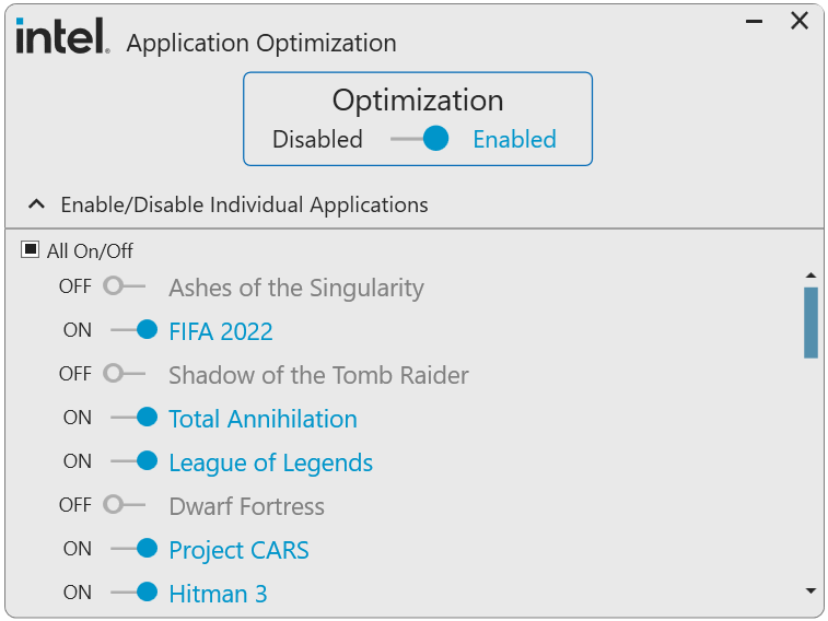 A screenshot of Intel Application Optimization from Intel’s website, listing numerous games in the list of detected applications.
